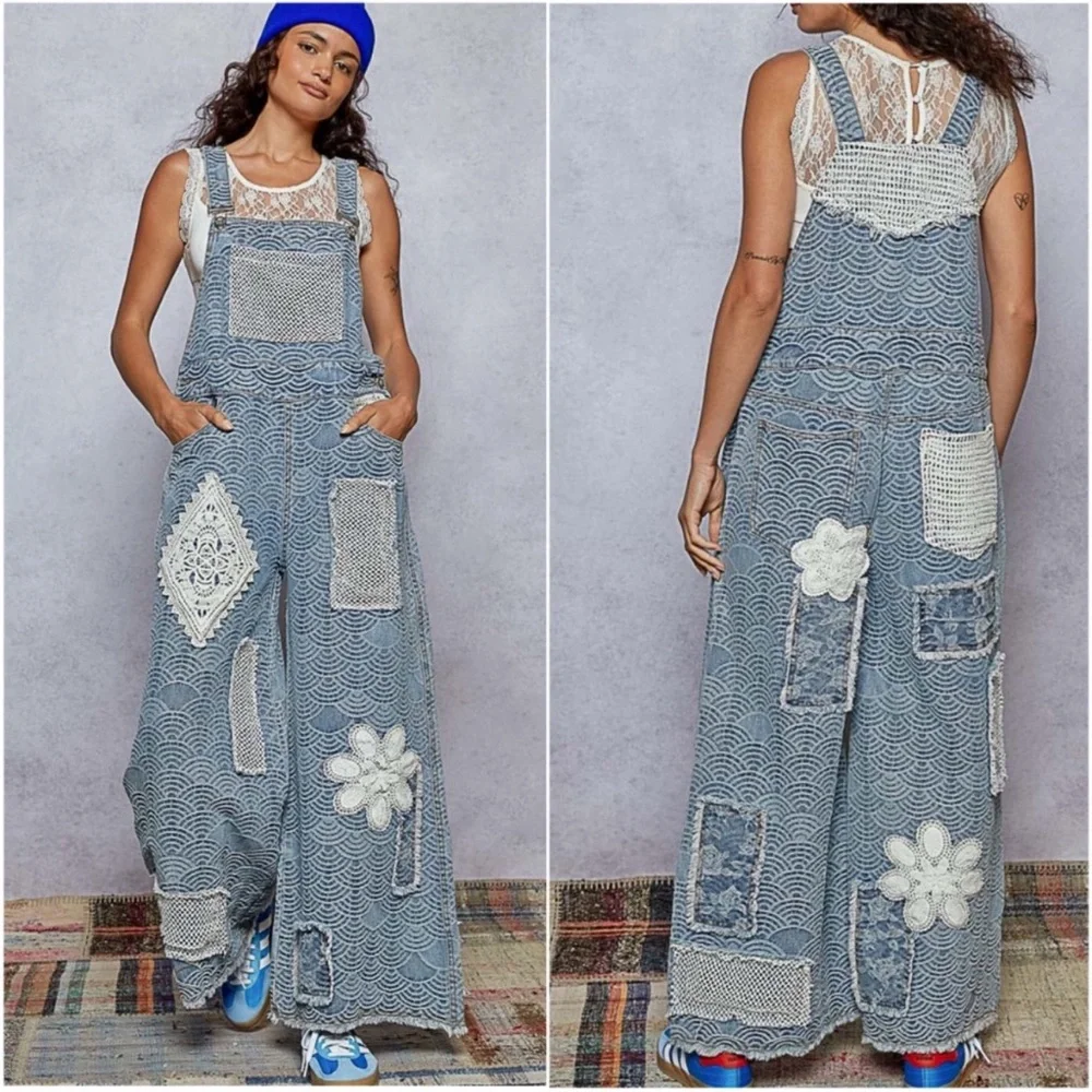 POL Boho Light Wash Crochet Floral Patch Wide Leg Denim Overalls Jumpsuit S M L - Picture 1 of 3